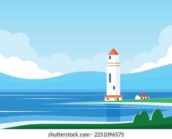 A lighthouse stands on the seashore amid a blue landscape. Vector graphics