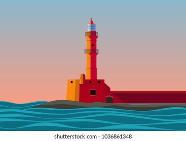 Lighthouse stands on the seashore in sunset time vector illustration