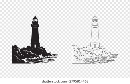 A lighthouse stands tall on a rocky shore with waves crashing below