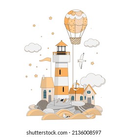 lighthouse with stars and air balloon