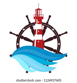 Lighthouse and the steering wheel on the waves silhouette
