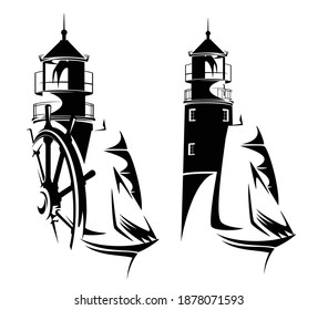 lighthouse, steering wheel and sailing ship - sea adventure and exploration black and white vector design set