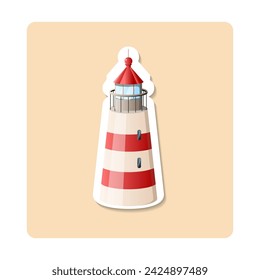 Lighthouse sticker illustration. Cliff, building, sea, roof, window. Editable vector graphic design.