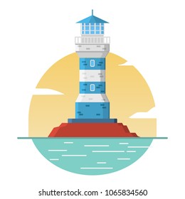 Lighthouse stone tower.Concept of design of an icon or logo for the website. Flat vector.Rock in sea.Cartoon architecture.