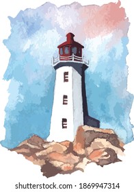 Lighthouse stones sea sky watercolor