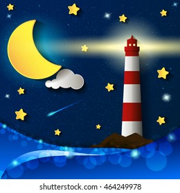 lighthouse storm night moon stars clouds light