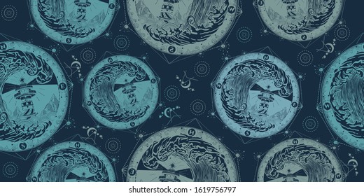 Lighthouse and storm seamless pattern. Packing old paper, scrapbooking style. Vintage background. Medieval manuscript, engraving art. Sea adventure concept
