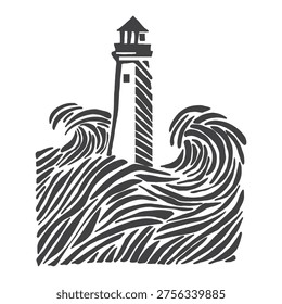 Lighthouse in stormy ocean waves, black monochrome hand drawn sketch, linocut woodcut style, swirl turbulent sea, dramatic vintage nautical maritime grunge tattoo print