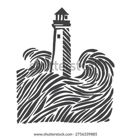 Lighthouse in stormy ocean waves, black monochrome hand drawn sketch, linocut woodcut style, swirl turbulent sea, dramatic vintage nautical maritime grunge tattoo print