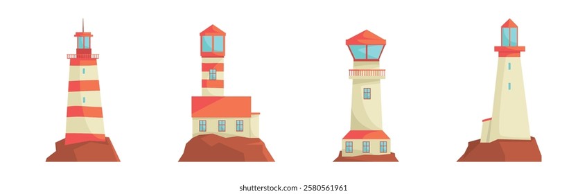 Lighthouse Striped Tall Tower for Sea Navigation Vector Set