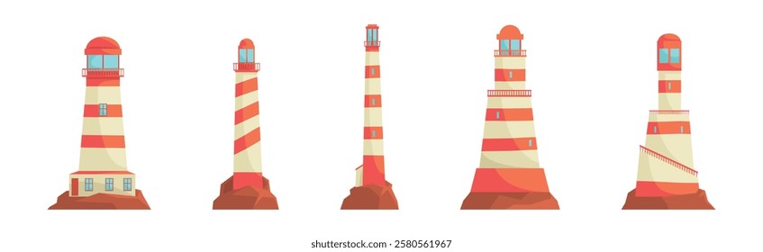 Lighthouse Striped Tall Tower for Sea Navigation Vector Set