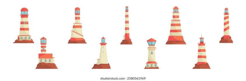 Lighthouse Striped Tall Tower for Sea Navigation Vector Set