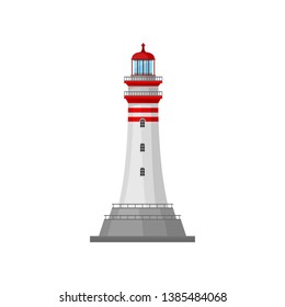 Lighthouse with stripes on the pedestal. Vector illustration.