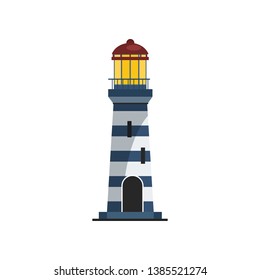 Lighthouse with stripped tower. Modern tower with bright light on top. Can be used for topics like signal, sea, guiding ships