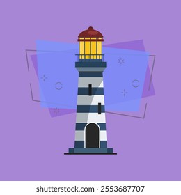 Lighthouse with stripped tower. Modern tower with bright light on top. Can be used for topics like signal, sea, guiding ships