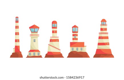 Lighthouse Structures Vector Set. Nautical Navigation System Concept