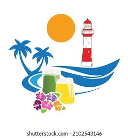 lighthouse, summer drinks and ocean waves, logo icon