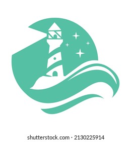 Lighthouse and sun vector logo illustration