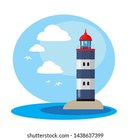 Lighthouse in sunny weather with clouds and birds. Design element for travel booklets, leaflets or stickers. Flat design.