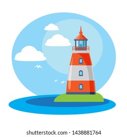 Lighthouse in sunny weather with clouds and birds. Design element for travel booklets, leaflets or stickers. Flat design.