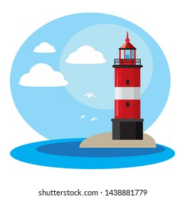 Lighthouse in sunny weather with clouds and birds. Design element for travel booklets, leaflets or stickers. Flat design.