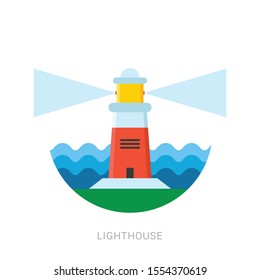 Lighthouse in sunny weather with flat design