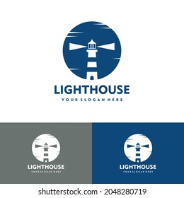 Lighthouse with sunrise flat style logo vector icon illustration design