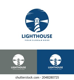 Lighthouse with sunrise flat style logo vector icon illustration design