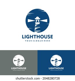 Lighthouse with sunrise flat style logo vector icon illustration design