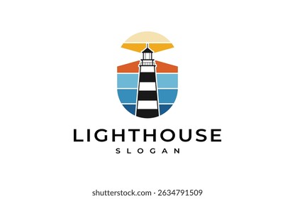 lighthouse sunset logo design vector illustration