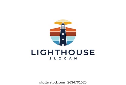 lighthouse sunset logo design vector illustration