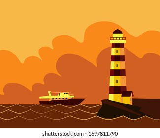 Faro al atardecer, cielo naranja con nubes de agua, moderna ilustración vectorial plana.