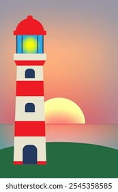 Lighthouse and sunset sea background illustration