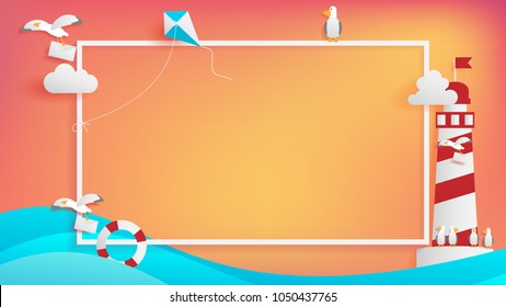 lighthouse sunset as summer season including light blue of calm sea ,seagulls are flowing and standing around white border some of them standing on base of lighthouse, a kite is flowing in the air.