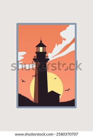 lighthouse and sunset view poster, vintage vector illustration background design