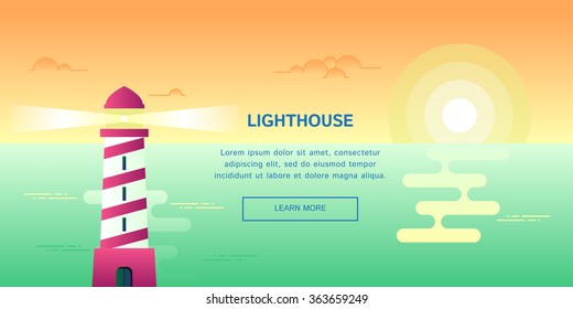 Lighthouse with sunset view. Vector banner template