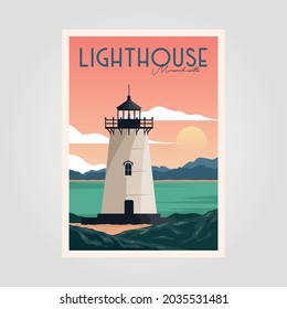 lighthouse and sunset view vintage poster vector background illustration design, vintage ocean park poster design
