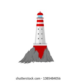 Lighthouse is surrounded by cliffs. Vector illustration.