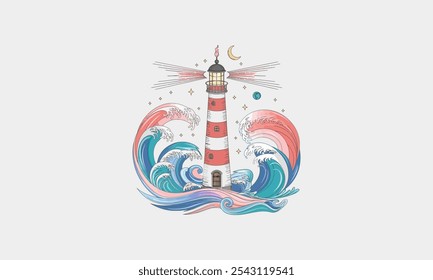 Lighthouse surrounded by ocean waves under the night sky.