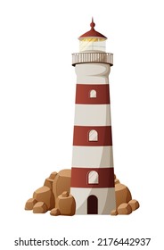 Faro rodeado de piedras. Ayuda de navegación para la gente de mar. Ilustración vectorial, estilo náutico de dibujos animados. Fondo aislado