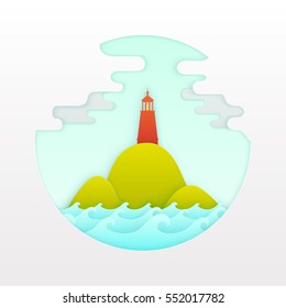 Lighthouse symbol isolated on white background for any navigation concept also a logo idea Beacon on green island surrounded by the sea with waves Vector illustration.