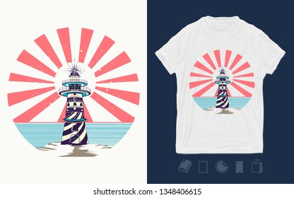 Lighthouse, symbol of meditation, hiking, adventures. Print for t-shirts and another, trendy apparel design 