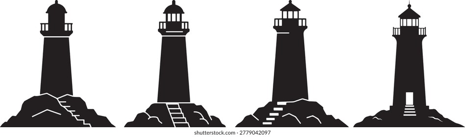 Lighthouse symbols, maritime navigation aids, coastal towers, sea beacons, guiding lights.