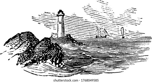 Lighthouse is a tall building design to emit light and serve as navigational aid for pilots at sea., vintage line drawing or engraving illustration. 