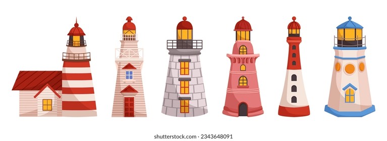 Lighthouse Tall Towers With A Bright Light On Top, Used To Guide And Warn Ships At Sea About Dangerous Areas And To Mark Coastlines. Collection of Beacons. Cartoon Vector Illustration