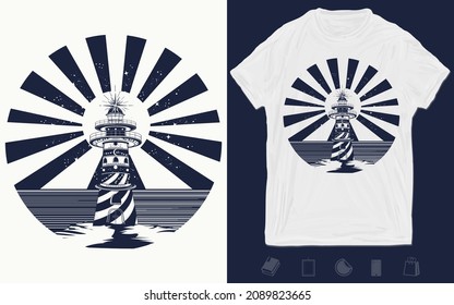 Lighthouse tattoo art. Symbol of meditation, hiking, sea adventure. T-shirt design. Vector graphics template. Hand drawn illustration 