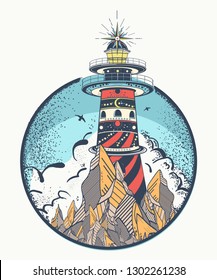 Lighthouse. Tattoo and t-shirt design. Beacon on the rock 