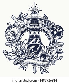 Faro. Diseño de tatuajes y pantalones. Arte de aventura marítima. Beacon, volante, tiburón, ancla. Estilo de tatuaje de la vieja escuela