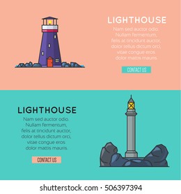 Lighthouse template banners, logo or label, design element for your project. Vector illustration.