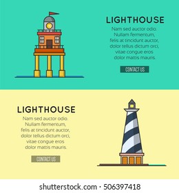 Lighthouse template banners, logo or label, design element for your project. Vector illustration.